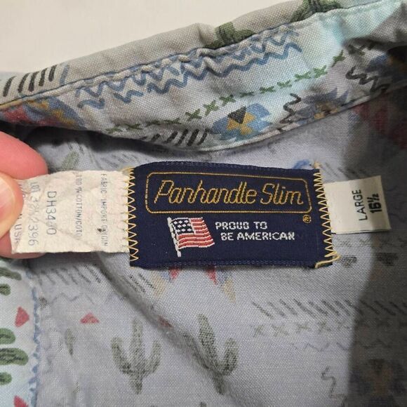 PANHANDLE SLIM MENS LARGE 16.5 BLUE SOUTHWEST CACTUS PRINT SHIRT LS VINTAGE - Picture 2 of 5
